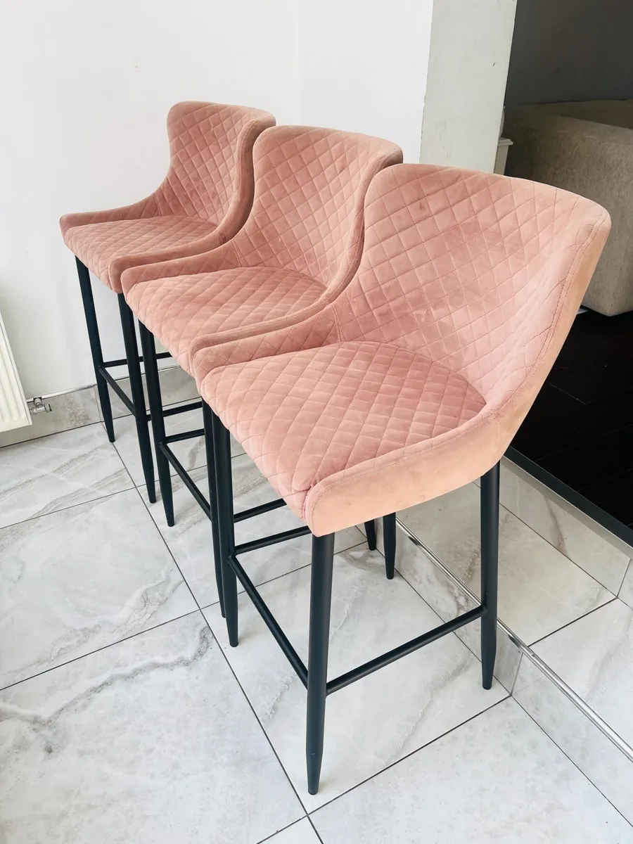3 x Pink Velvet Counter Bar Stools Chairs - Image 1