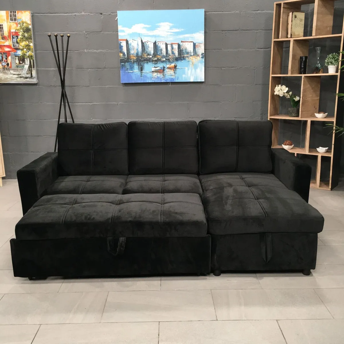 Black velvet Corner Sofa Bed Storage, 215cm - Image 1