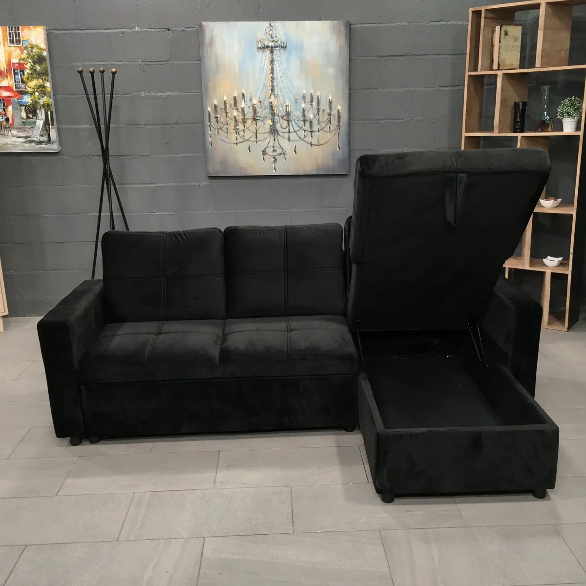Black velvet Corner Sofa Bed Storage, 215cm - Image 1
