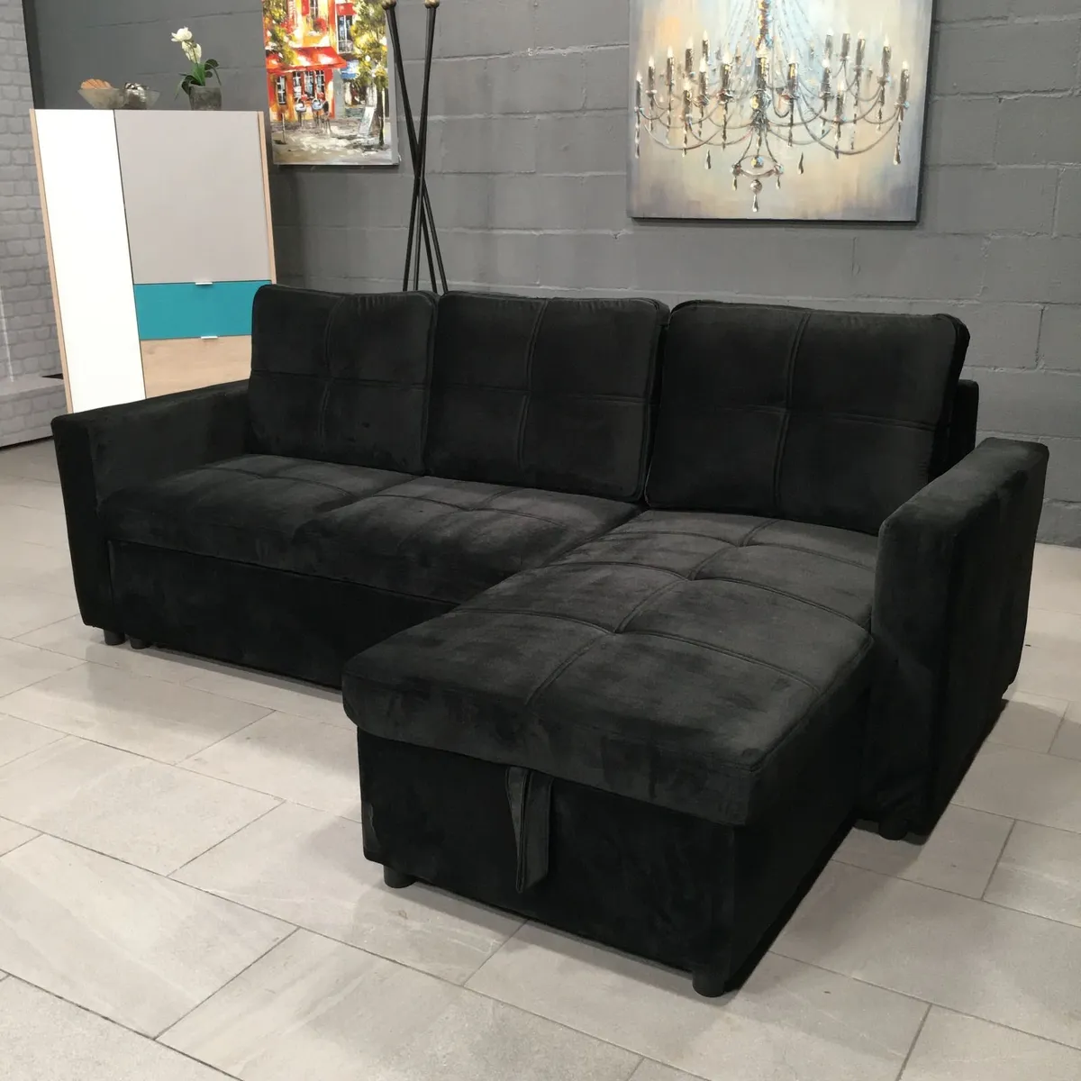 Black velvet Corner Sofa Bed Storage, 215cm - Image 2