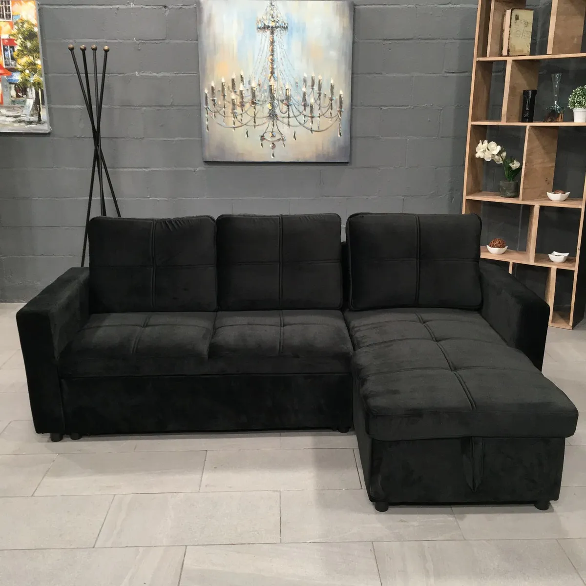 Black velvet Corner Sofa Bed Storage, 215cm - Image 3