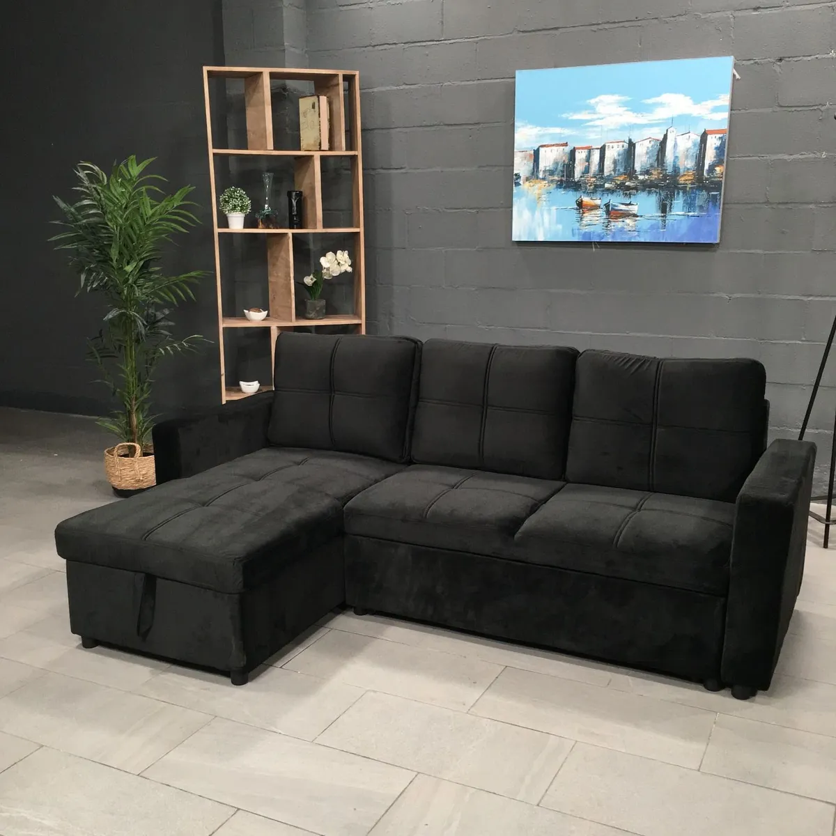 Black velvet Corner Sofa Bed Storage, 215cm - Image 2