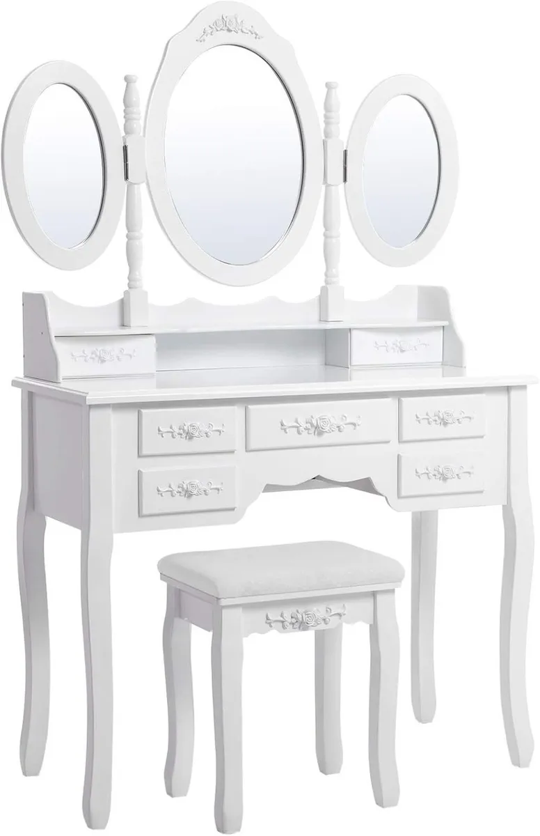 White Dressing Table with 3 Mirrors & 7 Drawers - Image 1