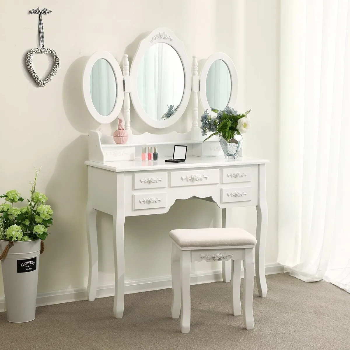 White Dressing Table with 3 Mirrors & 7 Drawers - Image 2