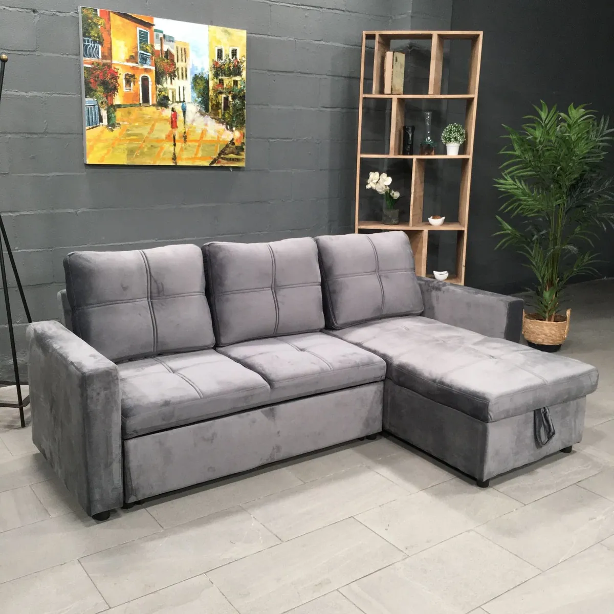 Grey velvet Corner Sofa Bed with Storage 215cm - Image 1
