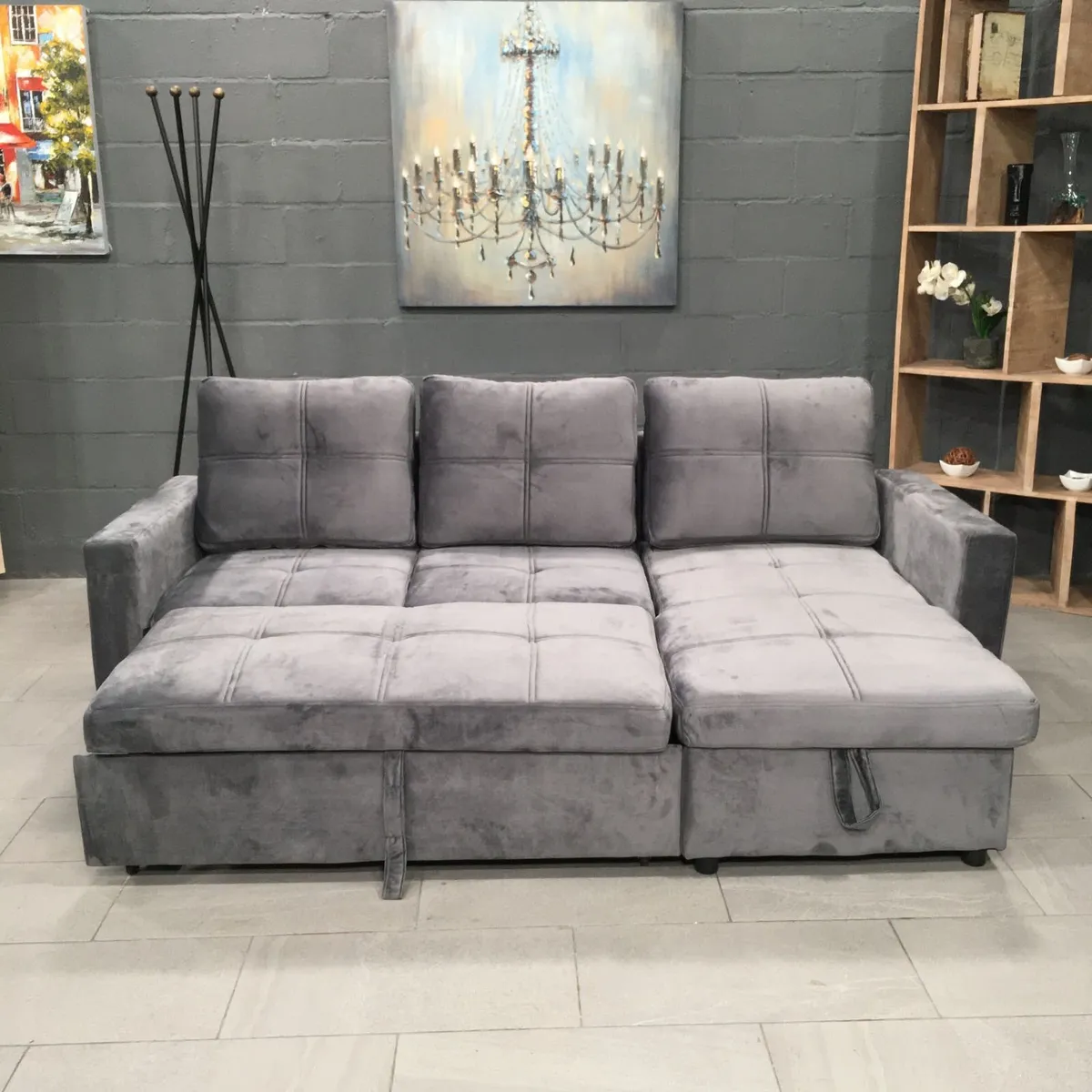 Grey velvet Corner Sofa Bed with Storage 215cm - Image 3