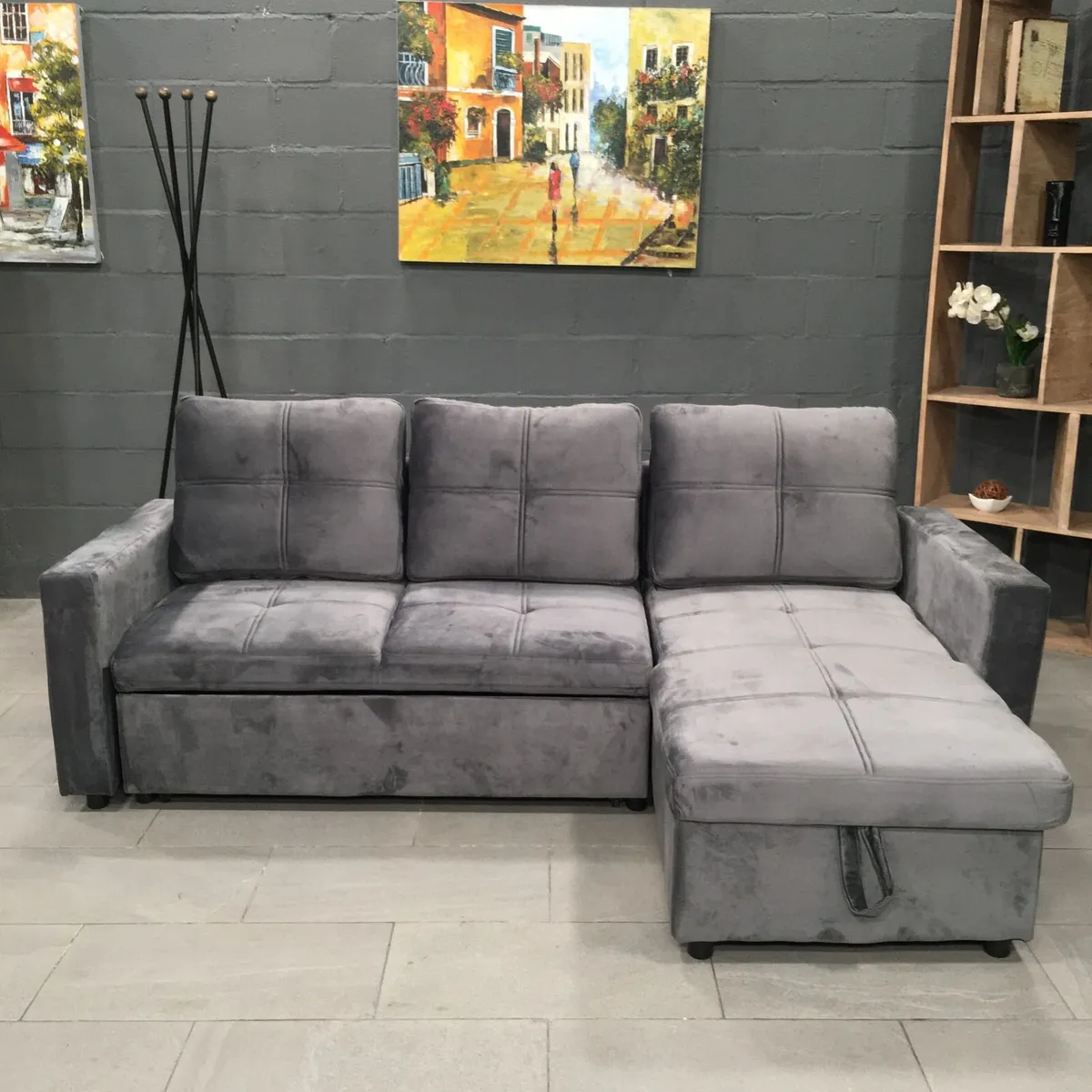 Grey velvet Corner Sofa Bed with Storage 215cm - Image 1