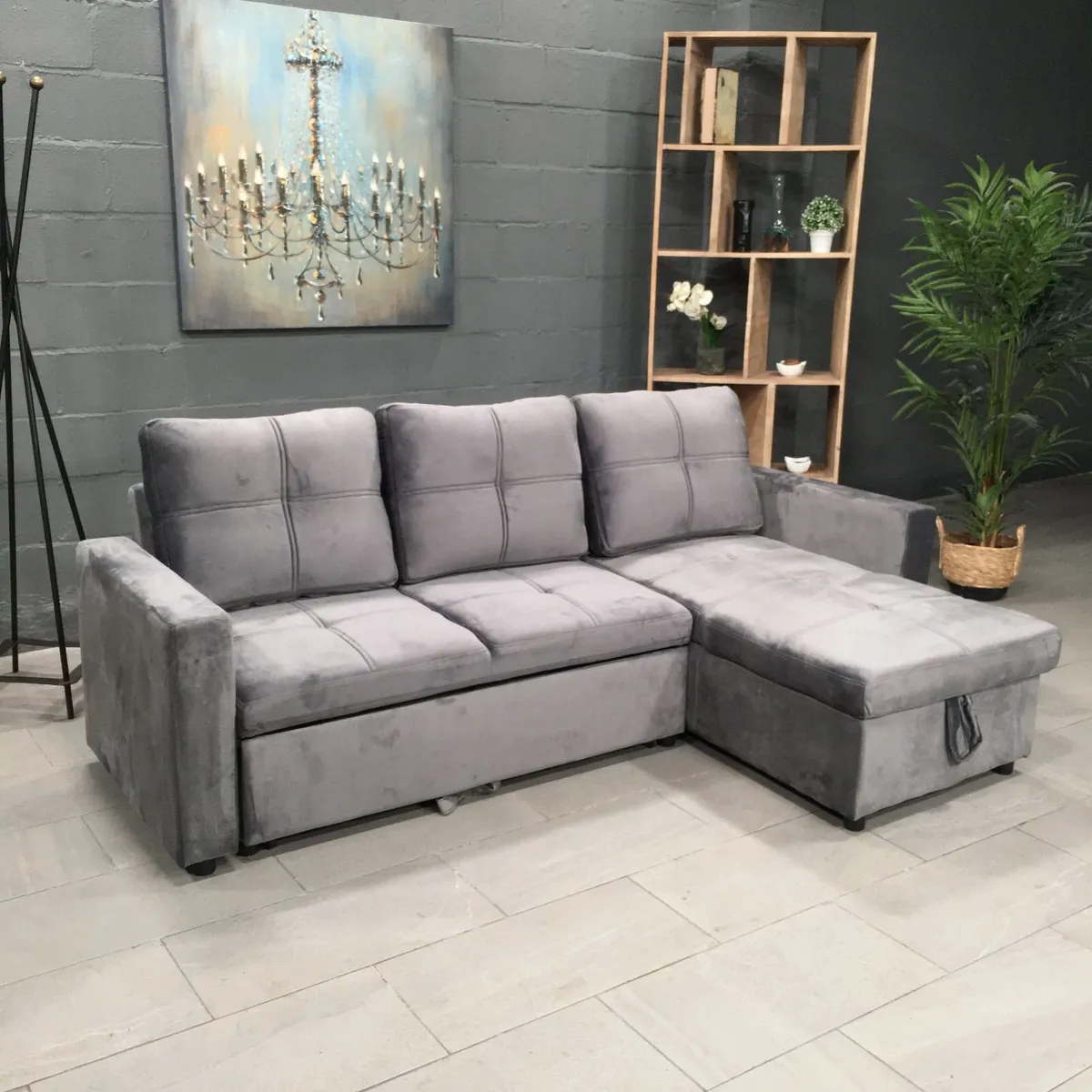Grey velvet Corner Sofa Bed with Storage 215cm - Image 2