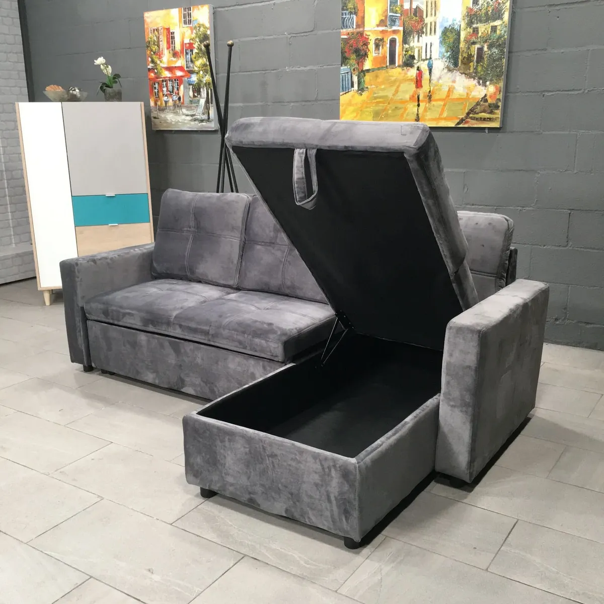Grey velvet Corner Sofa Bed with Storage 215cm - Image 3