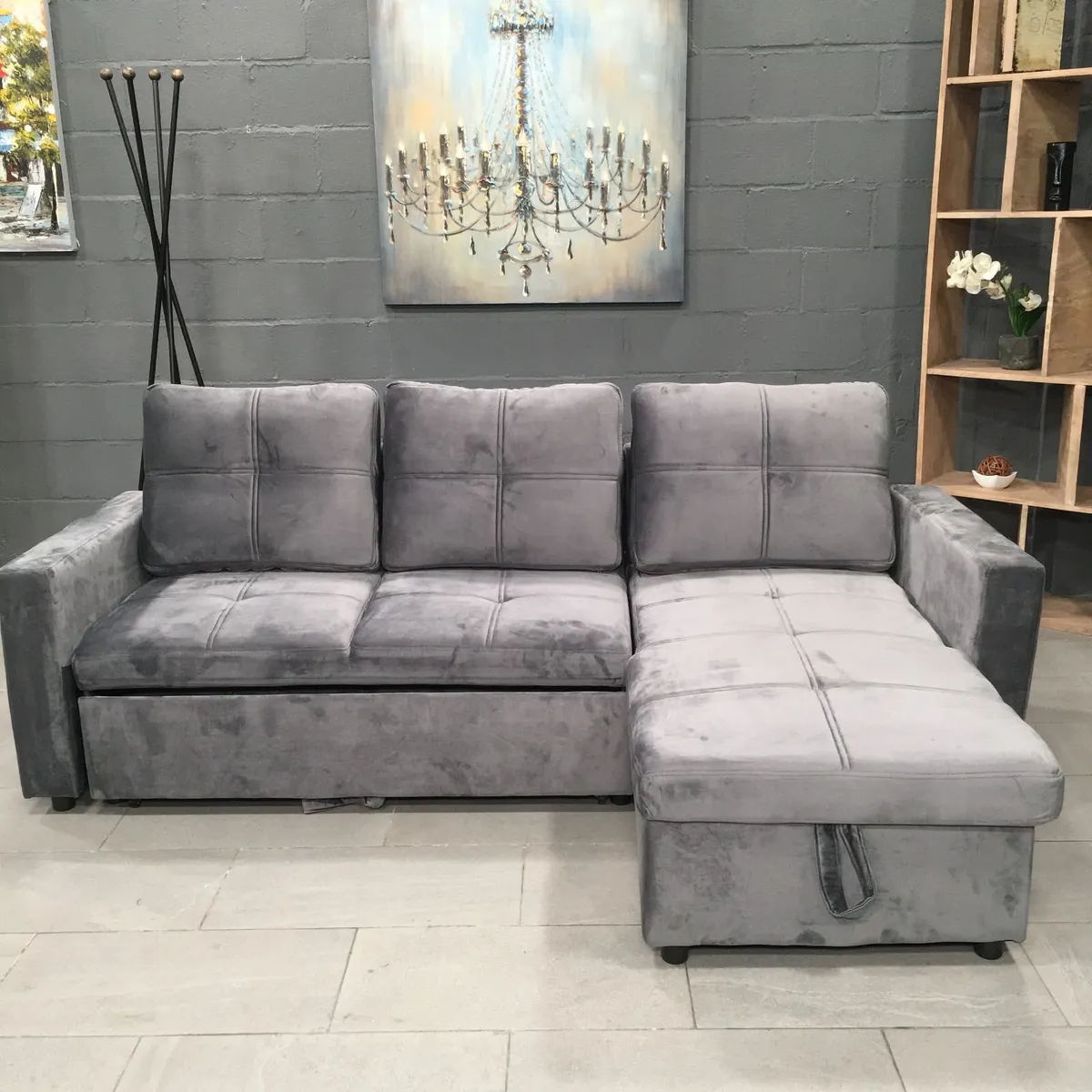Grey velvet Corner Sofa Bed with Storage 215cm - Image 1