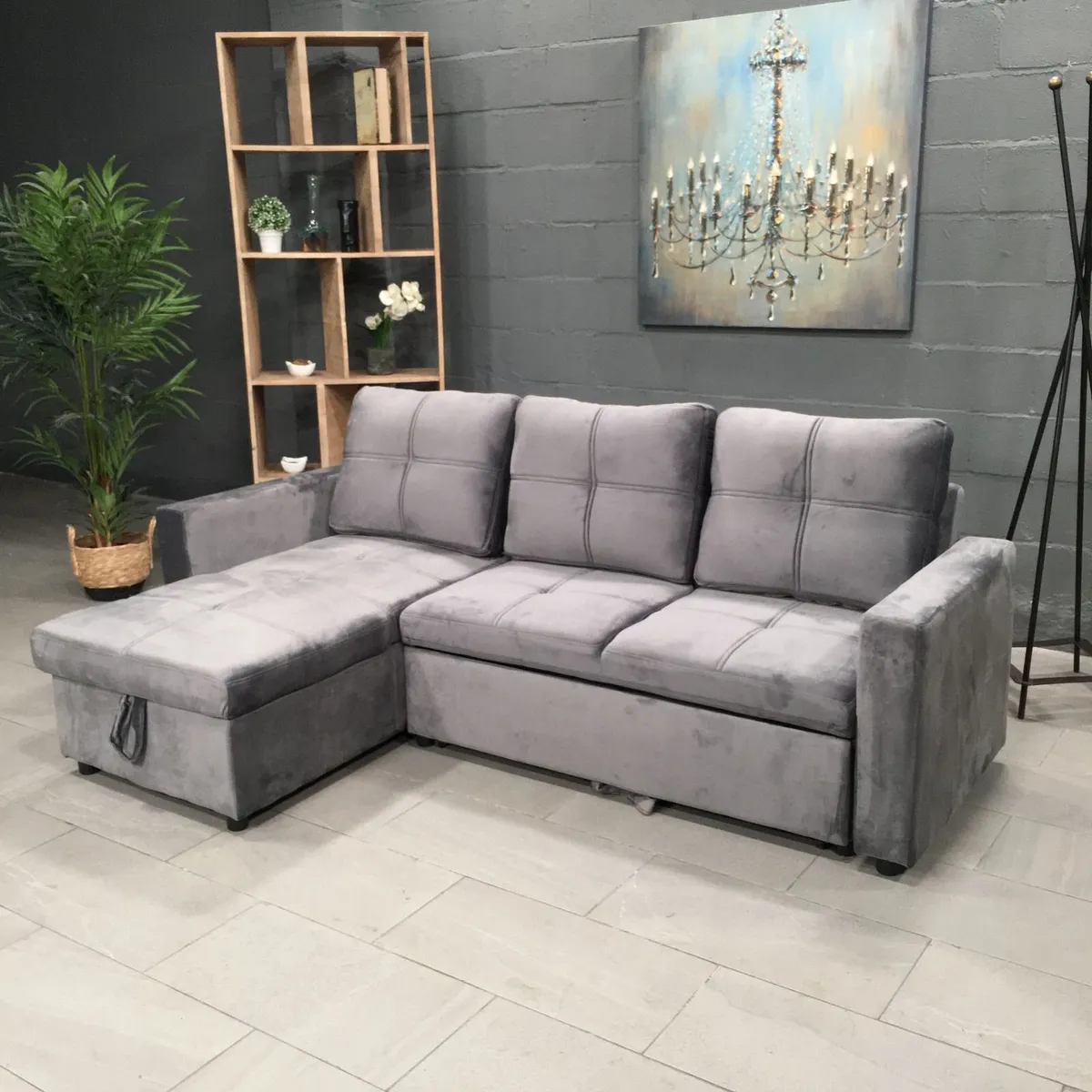 Grey velvet Corner Sofa Bed with Storage 215cm - Image 1