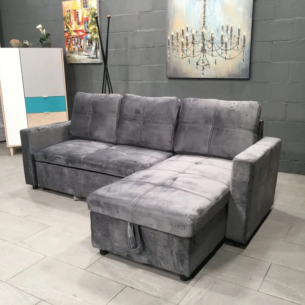 Grey velvet Corner Sofa Bed with Storage 215cm - Image 3