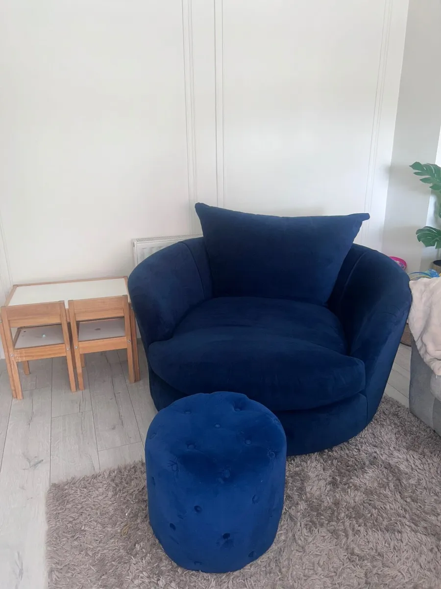 Navy Velvet chair and footstool - Image 1