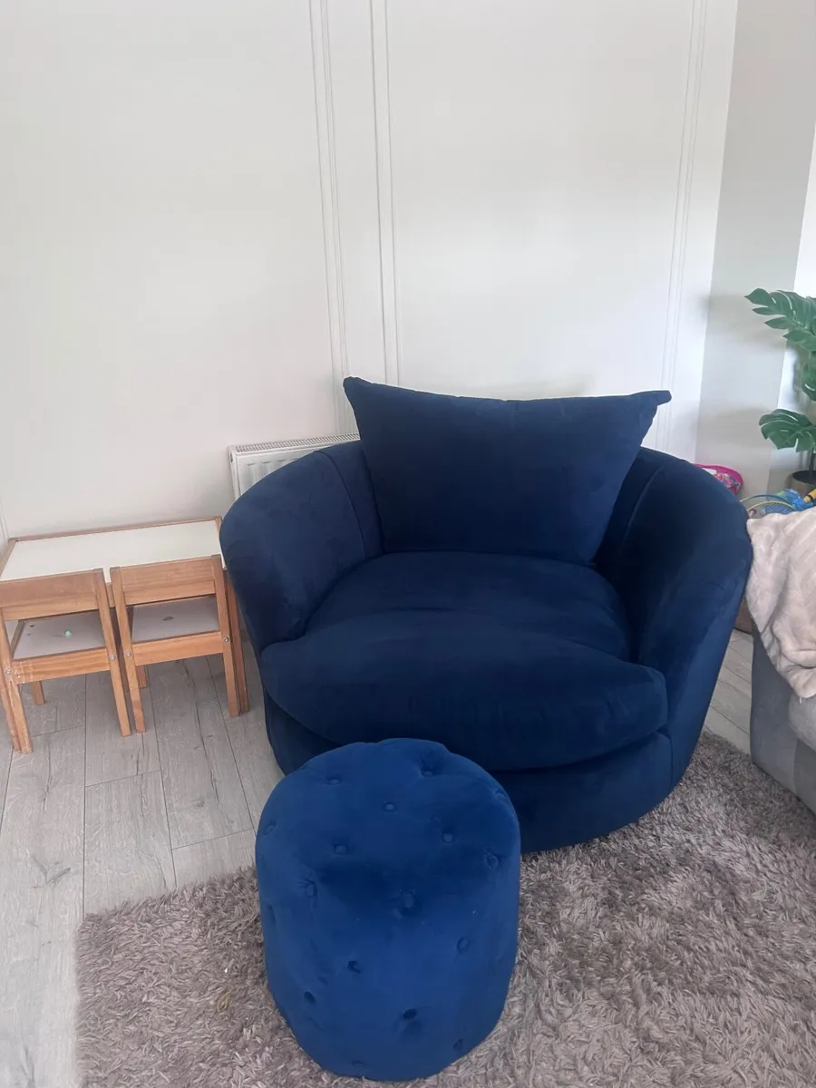 Navy Velvet chair and footstool - Image 3