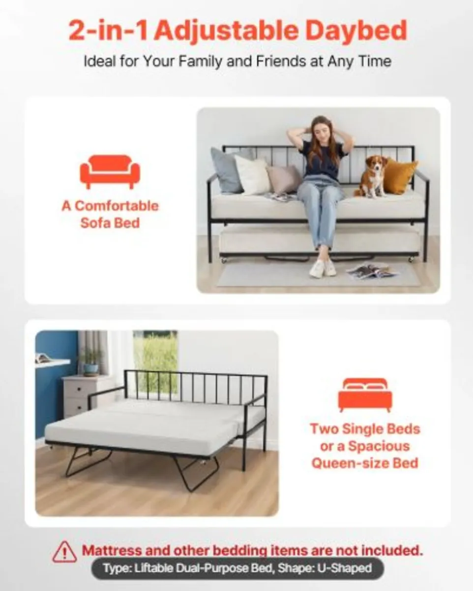 Twin Size Daybed Frame, Height Adjustable Day Bed - Image 2
