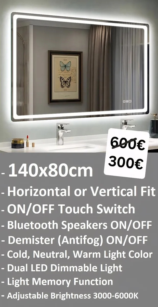 LED Bathroom Mirror 140x80cm Antifog Bluetooth - Image 2