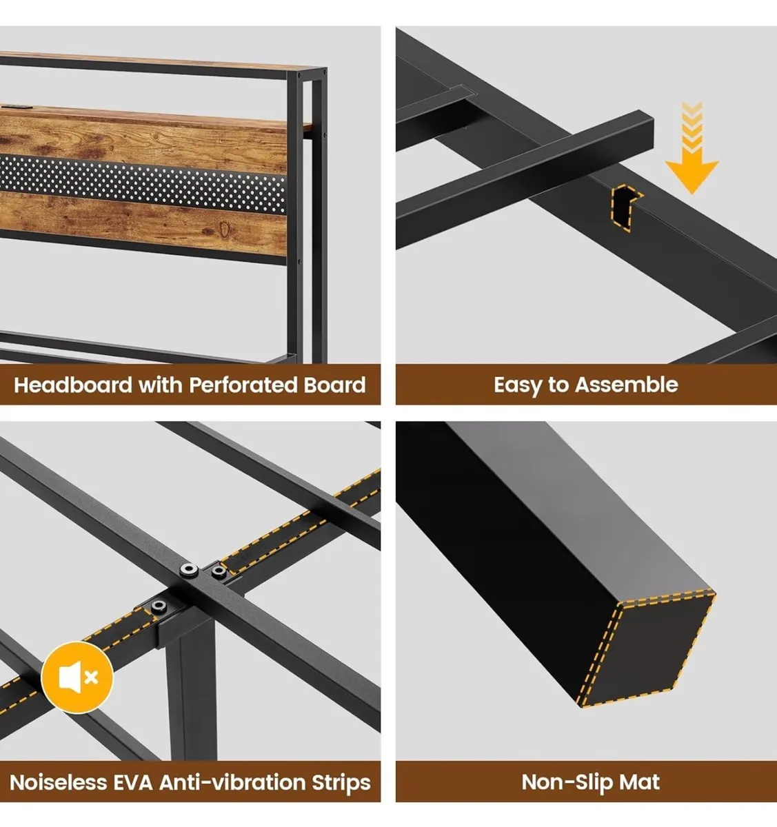 4ft6 Double Bed Frame with Wooden Headboard, Metal - Image 2