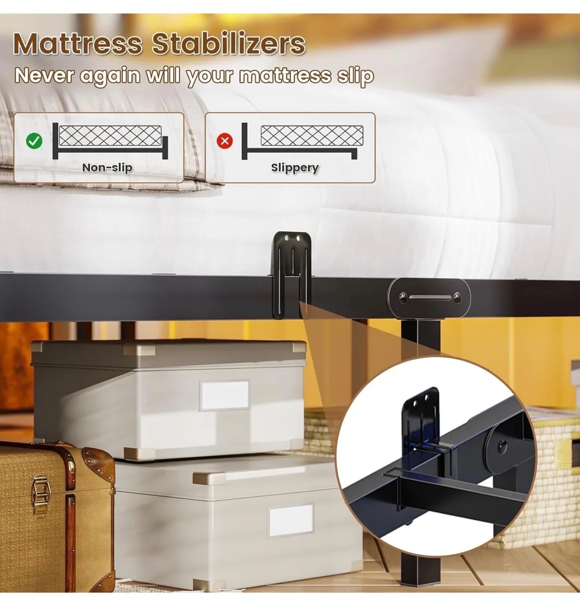 4ft6 Double Bed Frame with Wooden Headboard, Metal - Image 3