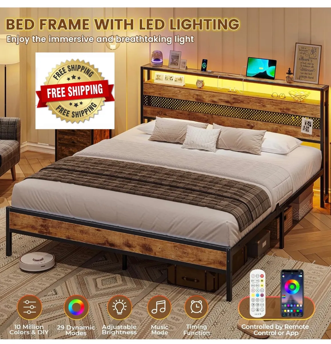 4ft6 Double Bed Frame with Wooden Headboard, Metal - Image 1