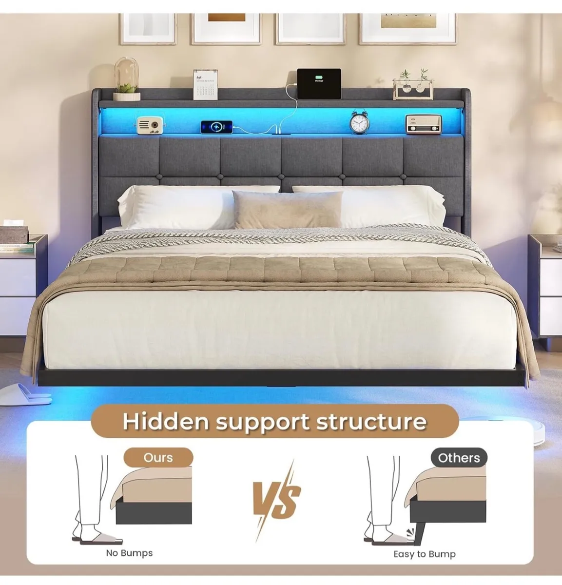 4ft6 Floating Double Bed Frame 135×190CM with LED - Image 4