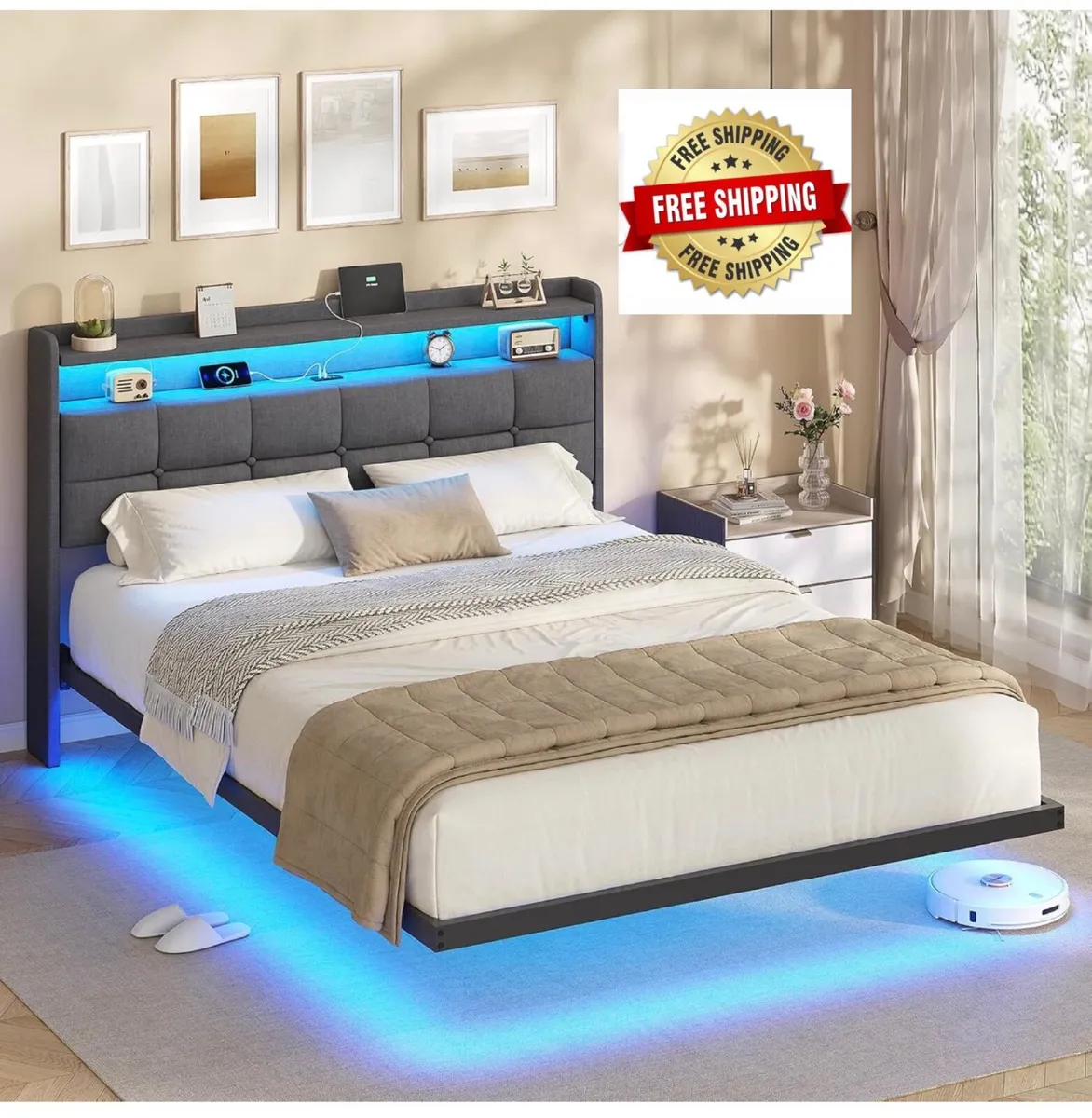 4ft6 Floating Double Bed Frame 135×190CM with LED - Image 1