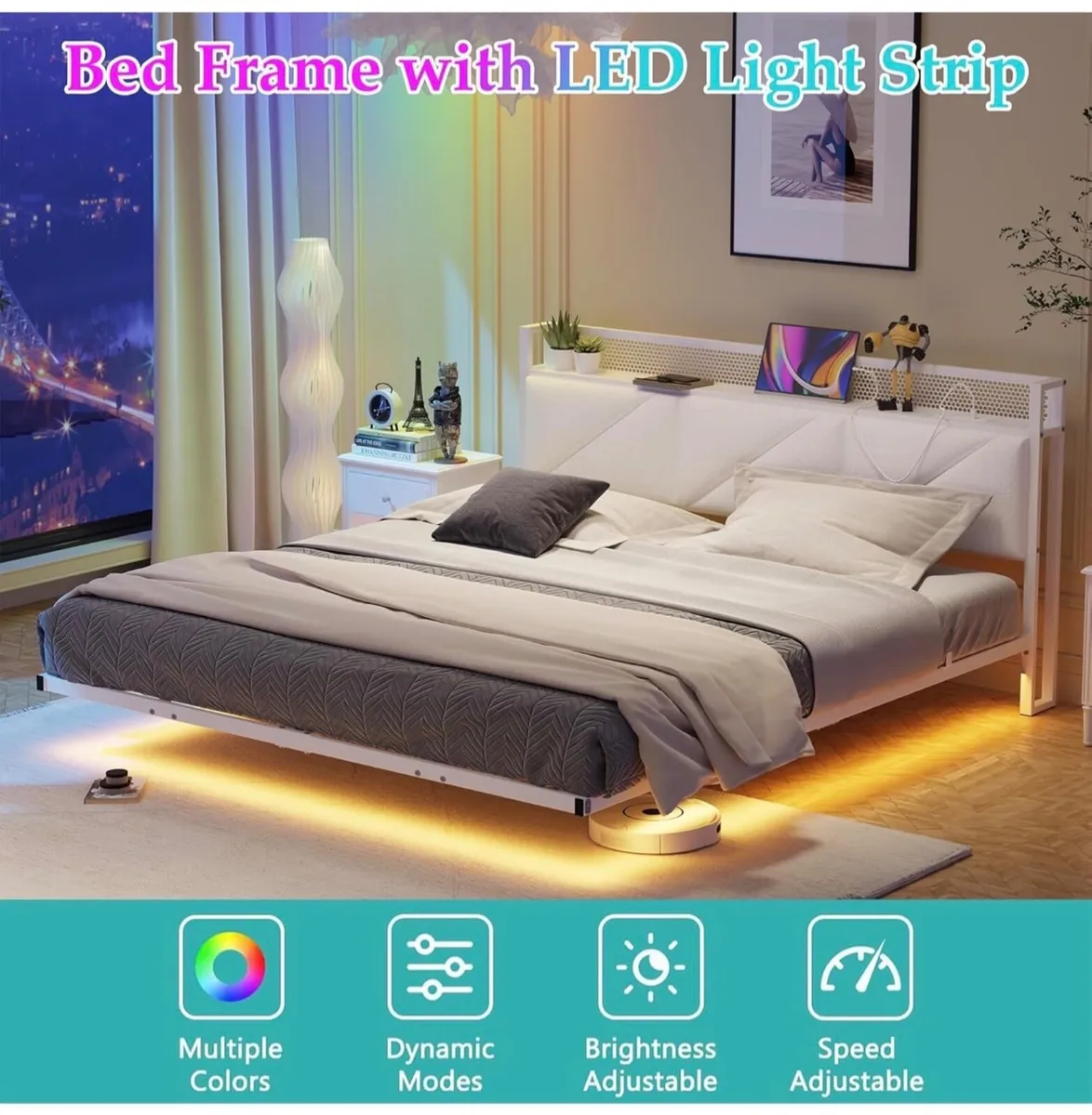 King Bed Frame with Floating Upholstered Storage H - Image 1