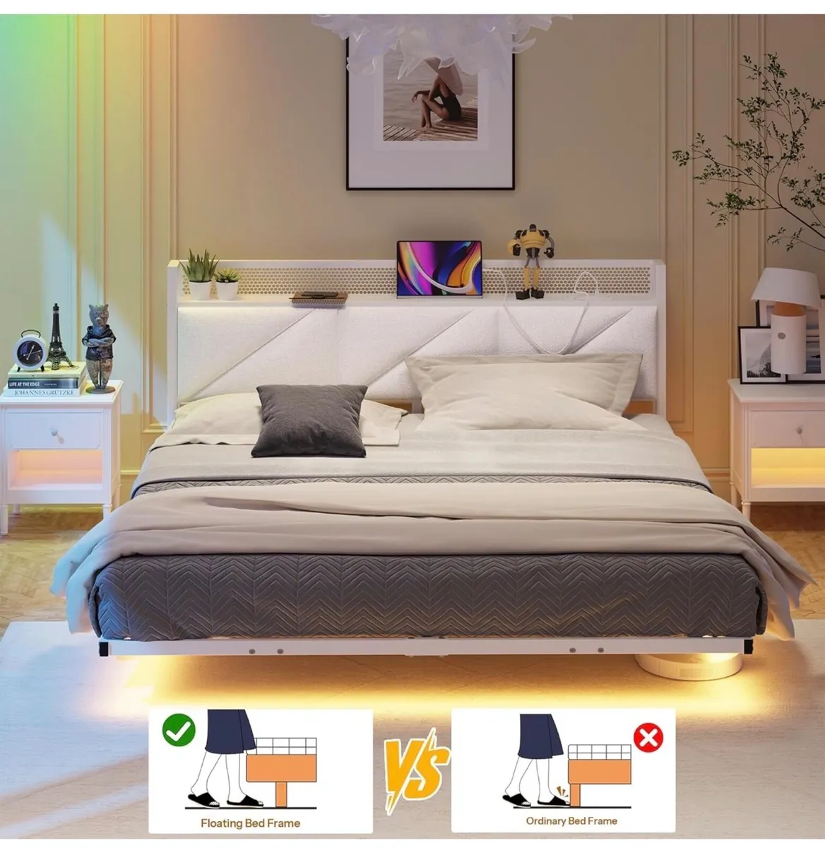 King Bed Frame with Floating Upholstered Storage H - Image 4