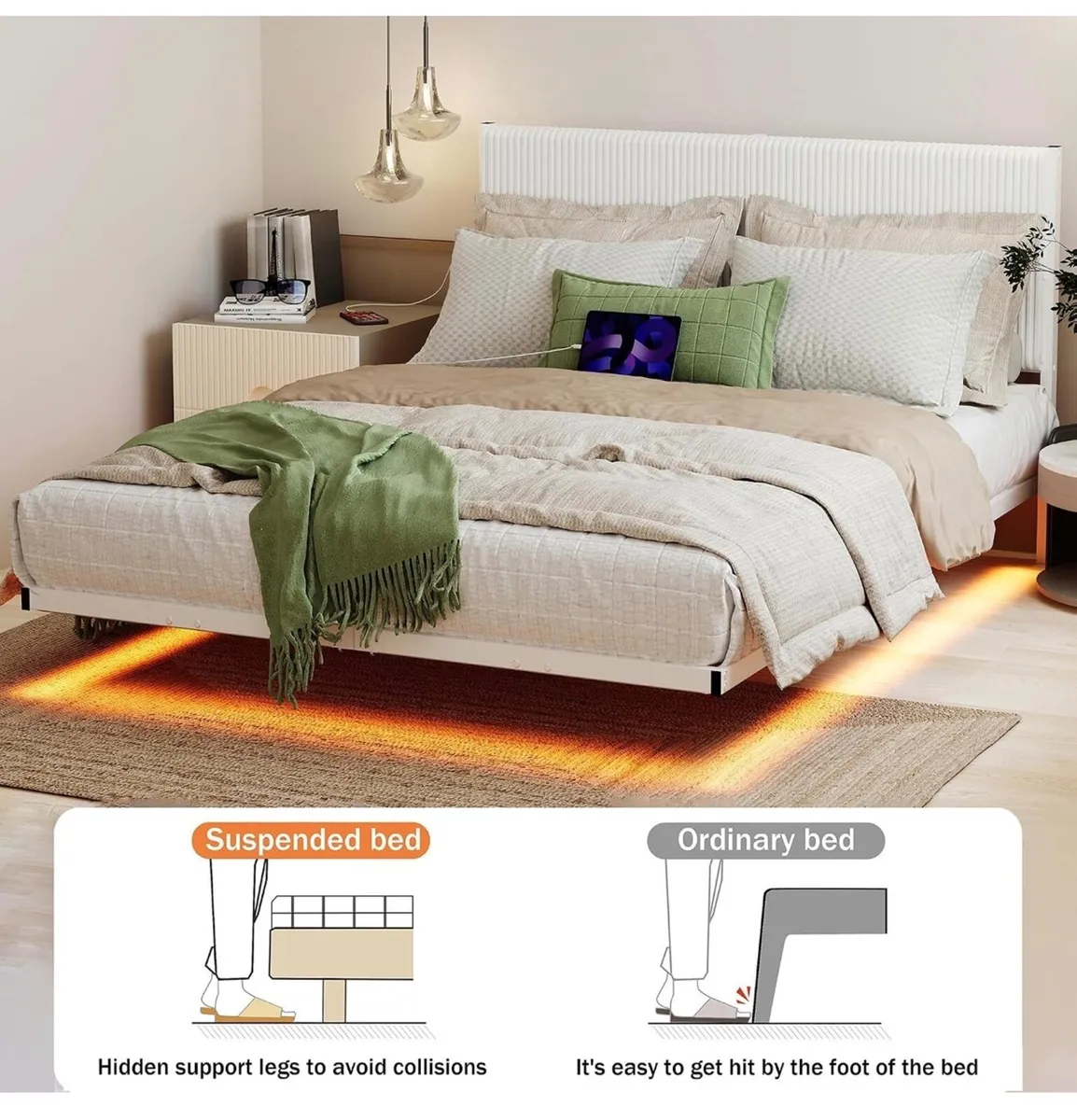 King Floating Bed Frame with Upholstered Headboard - Image 2