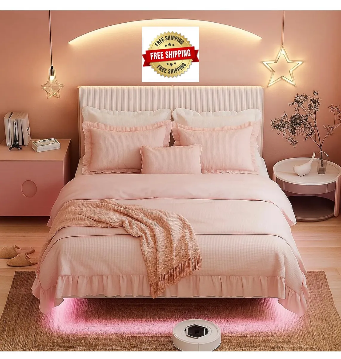 King Floating Bed Frame with Upholstered Headboard - Image 1