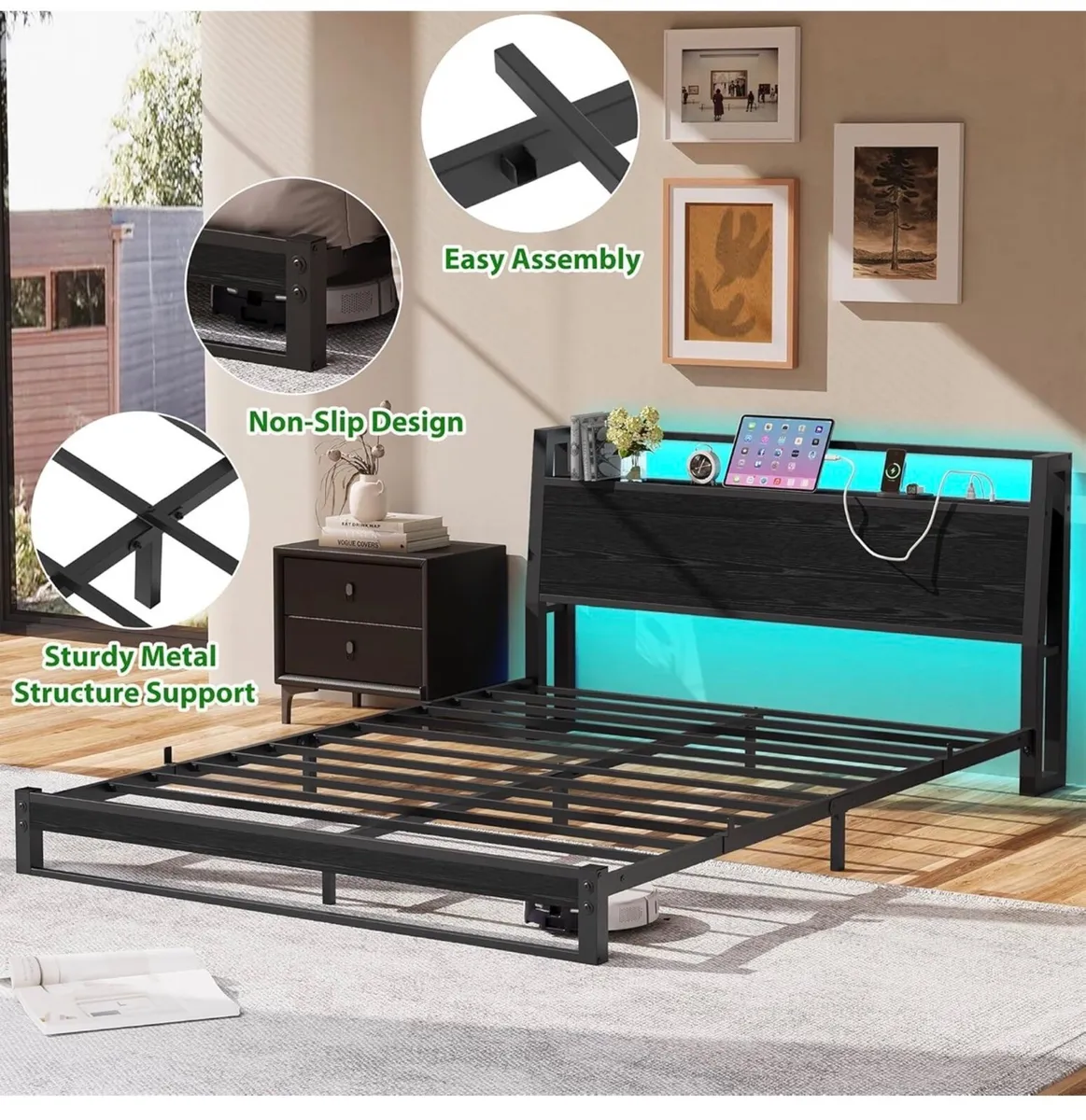 King Size Bed Frame with Ergonomic Storage Headboa - Image 3