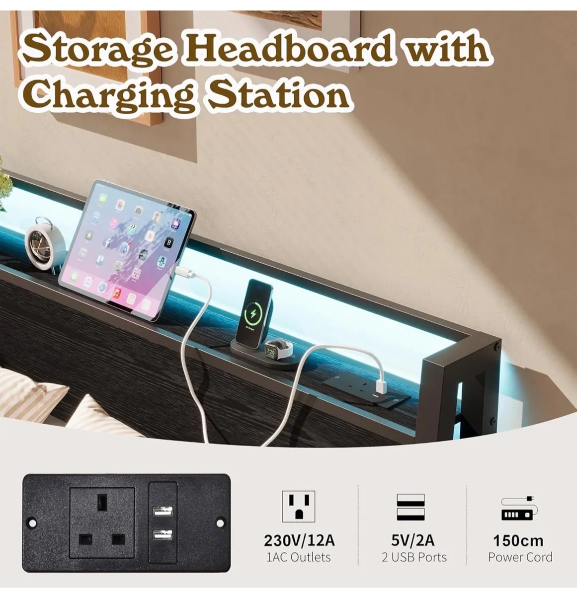 King Size Bed Frame with Ergonomic Storage Headboa - Image 2