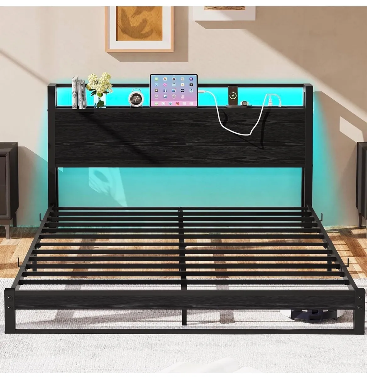 King Size Bed Frame with Ergonomic Storage Headboa - Image 4