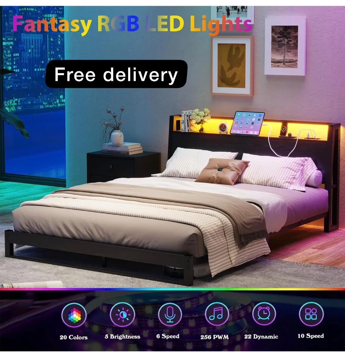 King Size Bed Frame with Ergonomic Storage Headboa - Image 1
