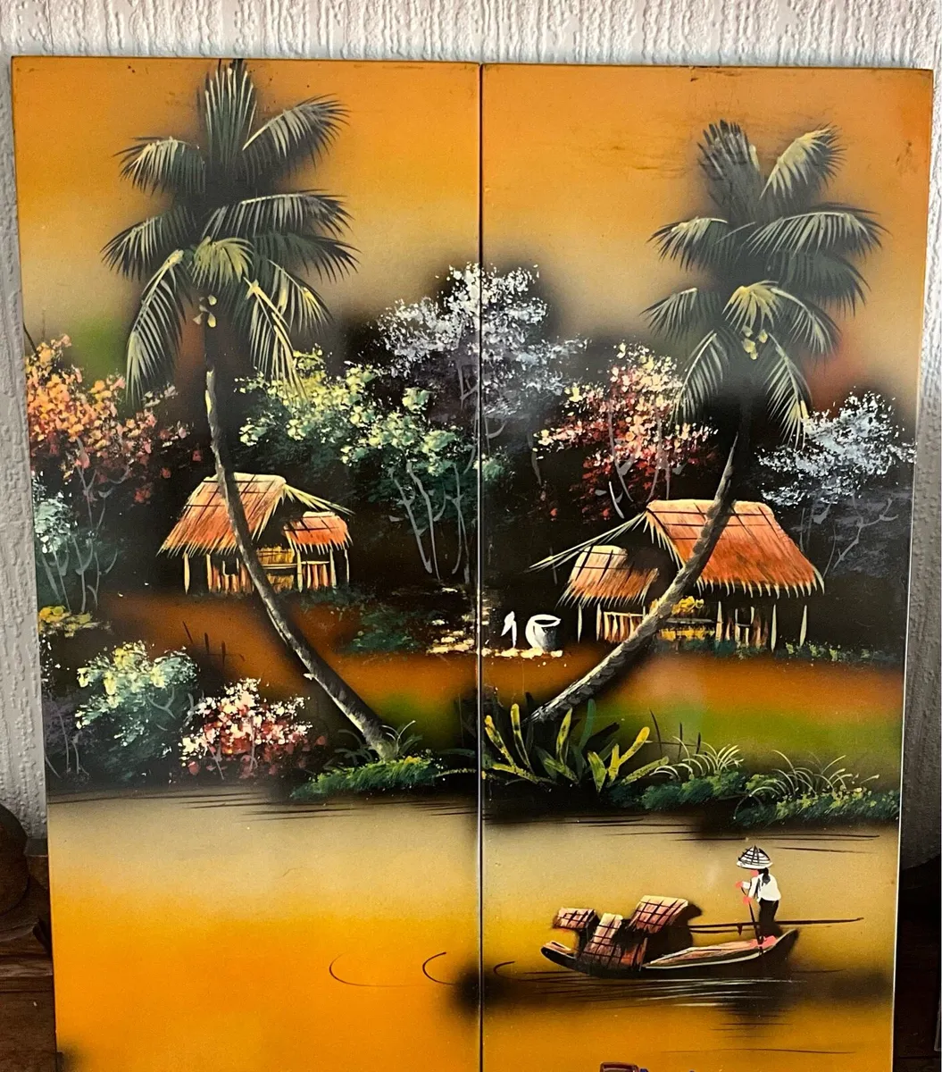 Traditional Asian Lacquered Paintings. 4 Panels - Image 3