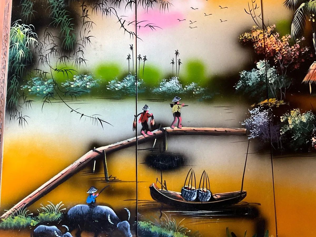 Traditional Asian Lacquered Paintings. 4 Panels - Image 2