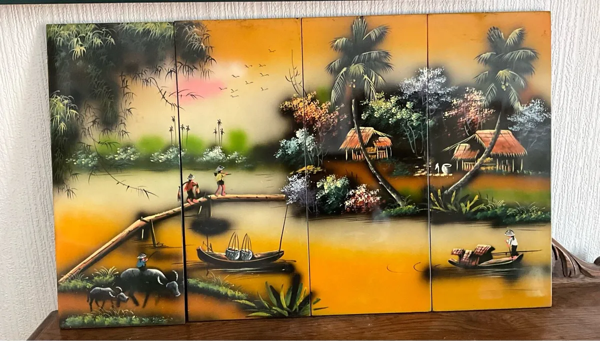 Traditional Asian Lacquered Paintings. 4 Panels - Image 1