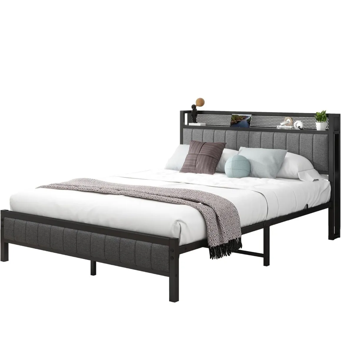 King Size Bed Frame With Storage Headboard, Dark G - Image 3