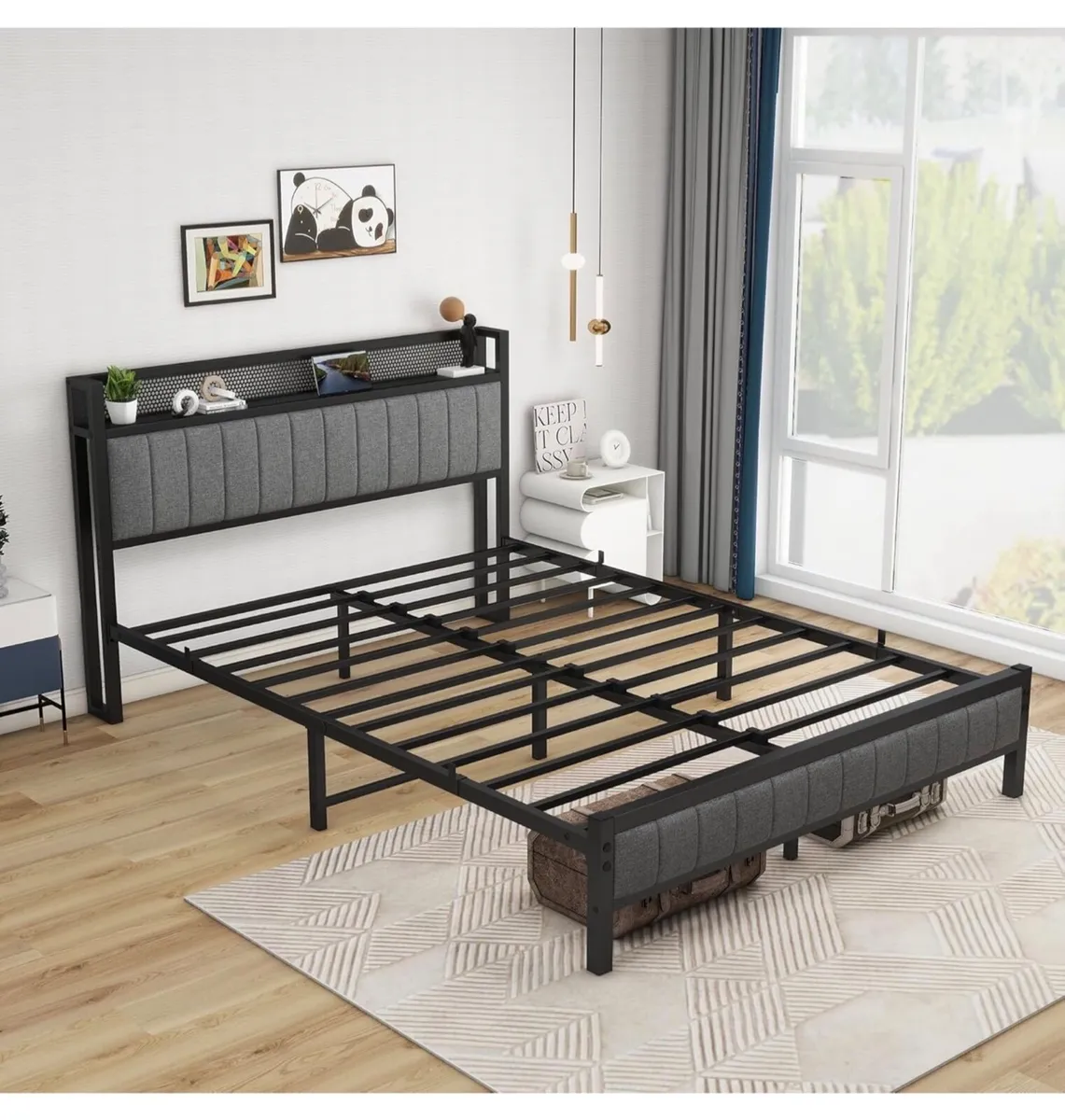 King Size Bed Frame With Storage Headboard, Dark G - Image 4