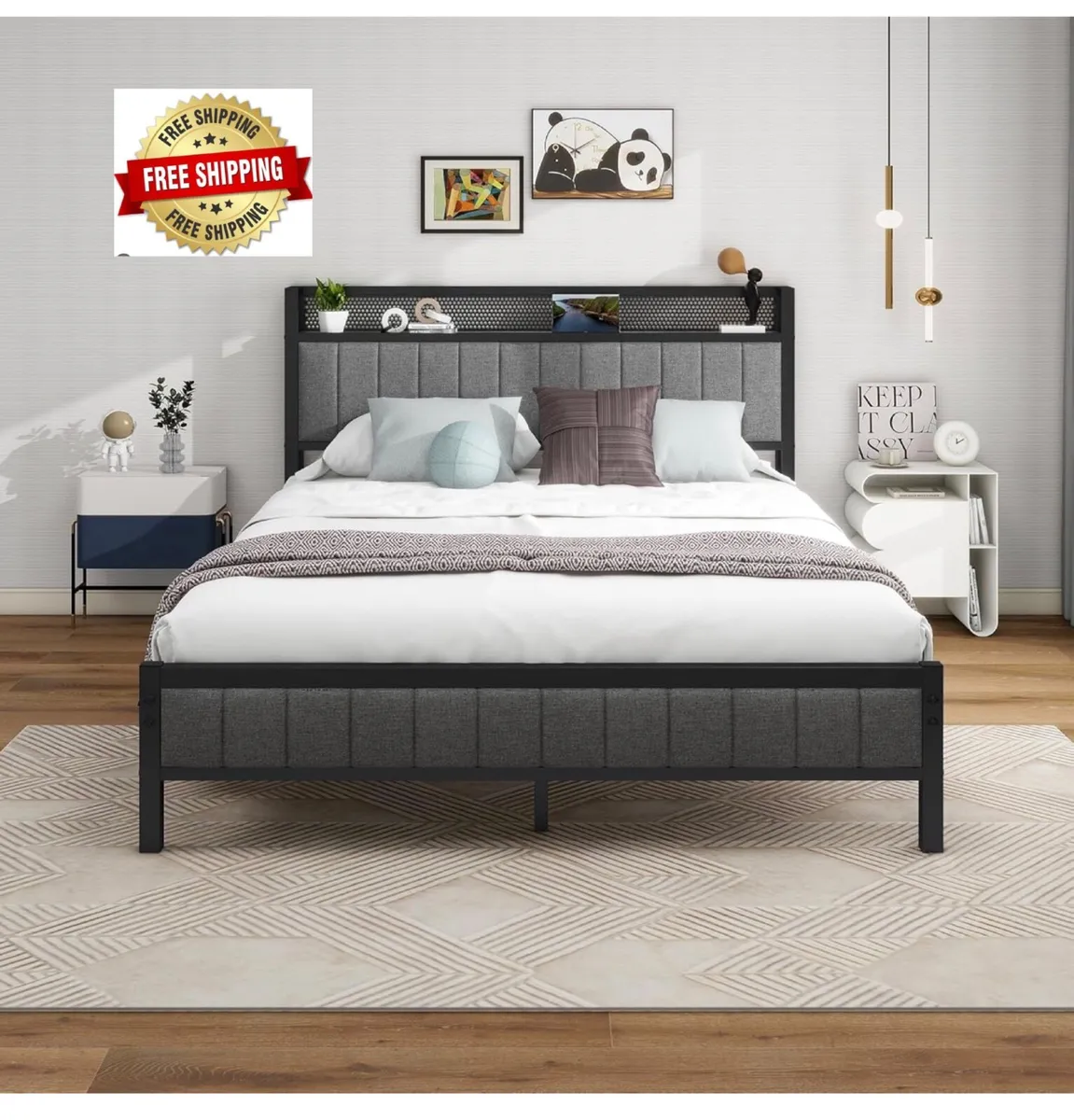 King Size Bed Frame With Storage Headboard, Dark G - Image 1
