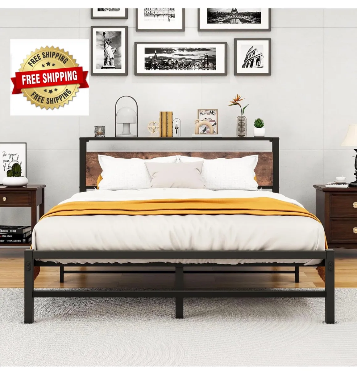 King Size Bed Frame with Headboard,Metal Bed 150x2 - Image 1