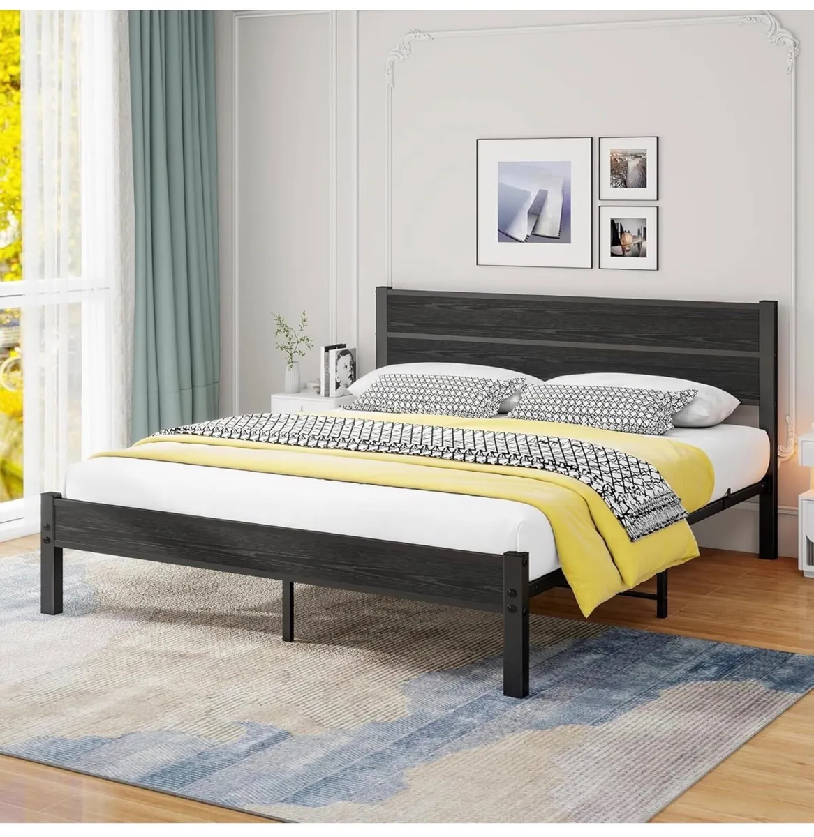 King Size Bed Frame with Wooden Headboard Bed Fram - Image 2