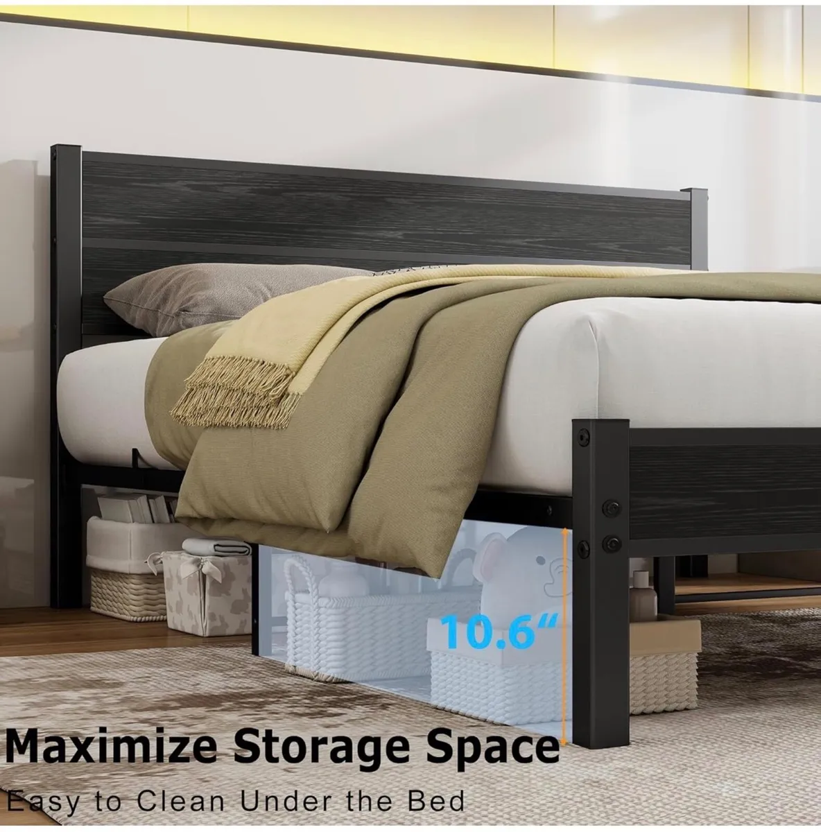 King Size Bed Frame with Wooden Headboard Bed Fram - Image 3