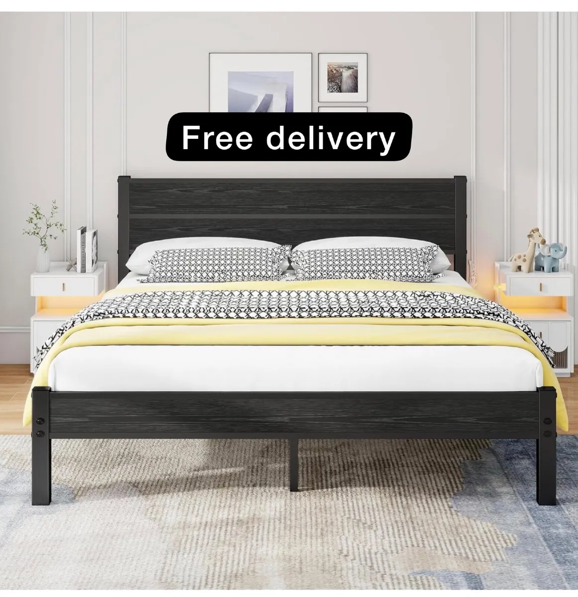 King Size Bed Frame with Wooden Headboard Bed Fram - Image 1