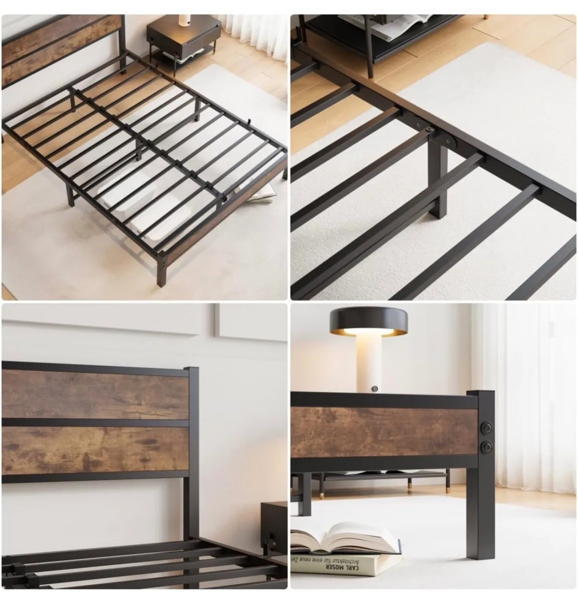 King Size Bed Frame Wooden Headboard Storage Black - Image 3