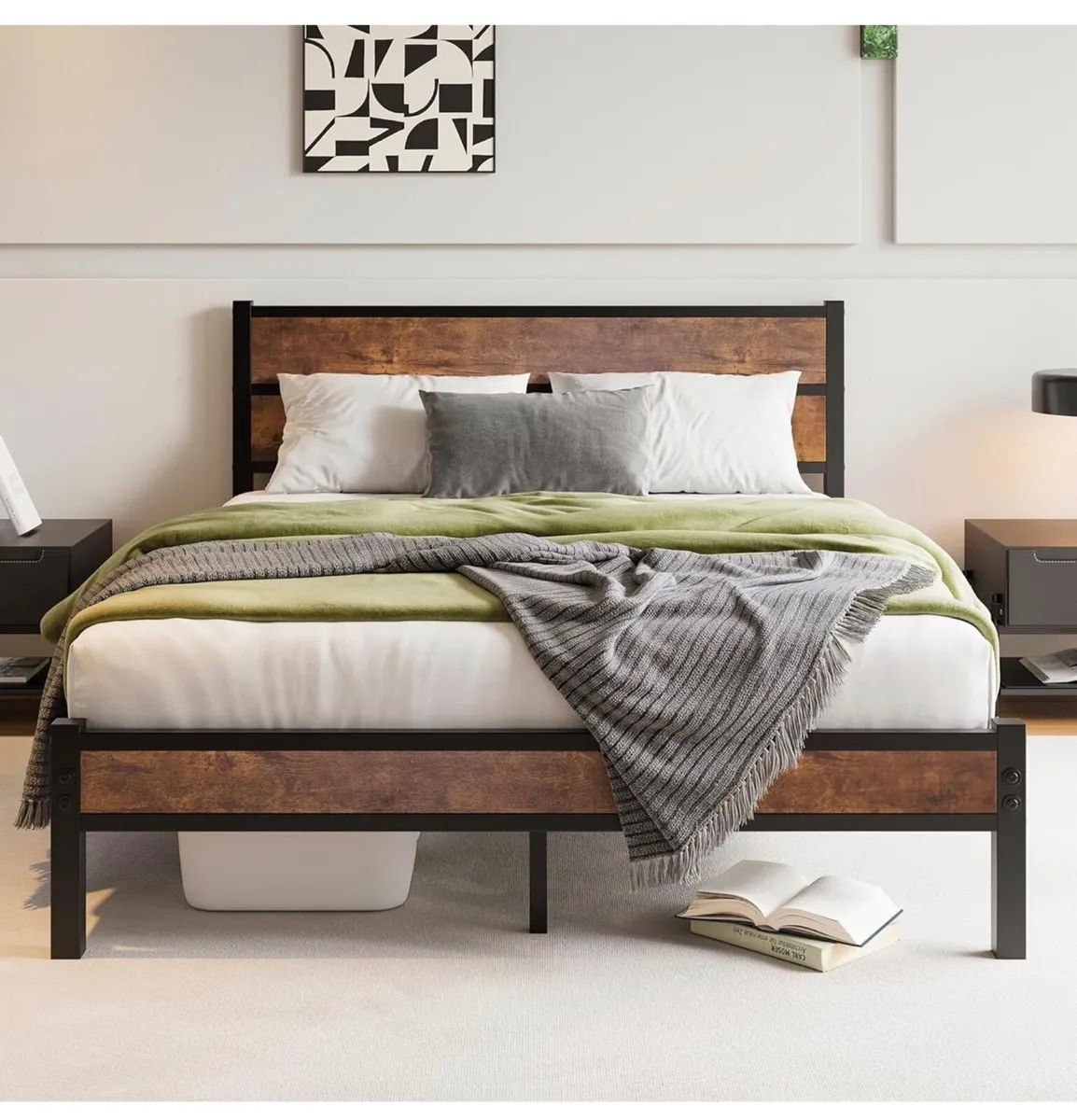 King Size Bed Frame Wooden Headboard Storage Black - Image 2