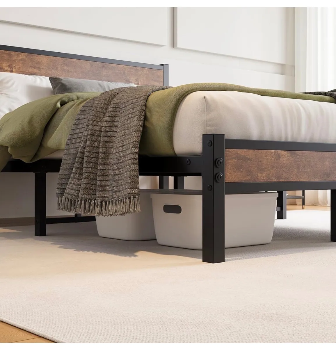King Size Bed Frame Wooden Headboard Storage Black - Image 4