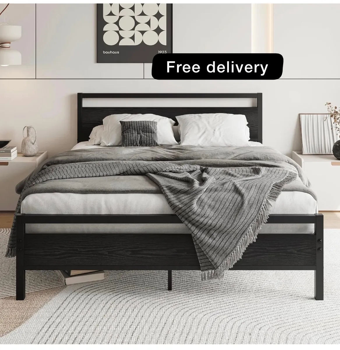 King Size Bed Frame with Headboard,Platform Bed Fr - Image 1