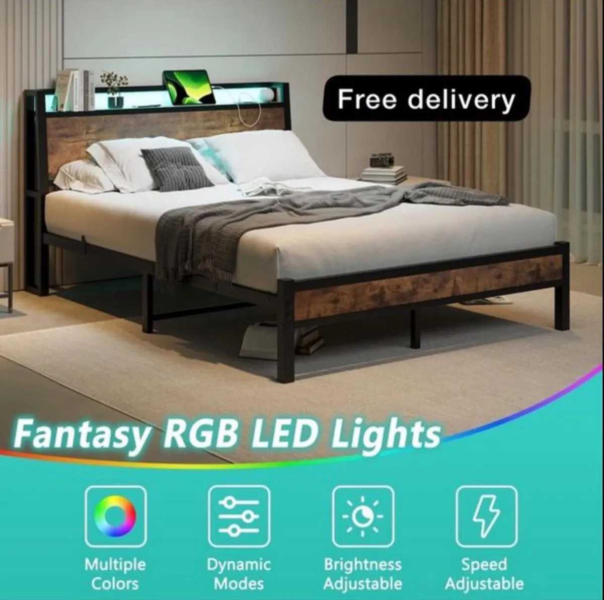 King Size Bed Frame, Black Charging Station, LED L - Image 1