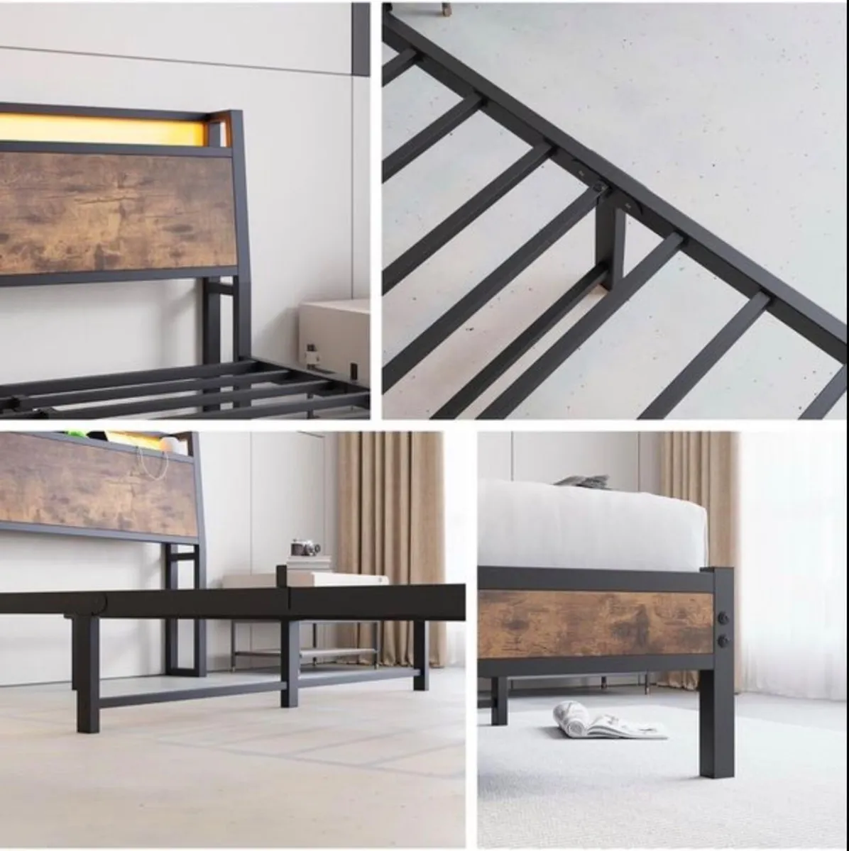 King Size Bed Frame, Black Charging Station, LED L - Image 2