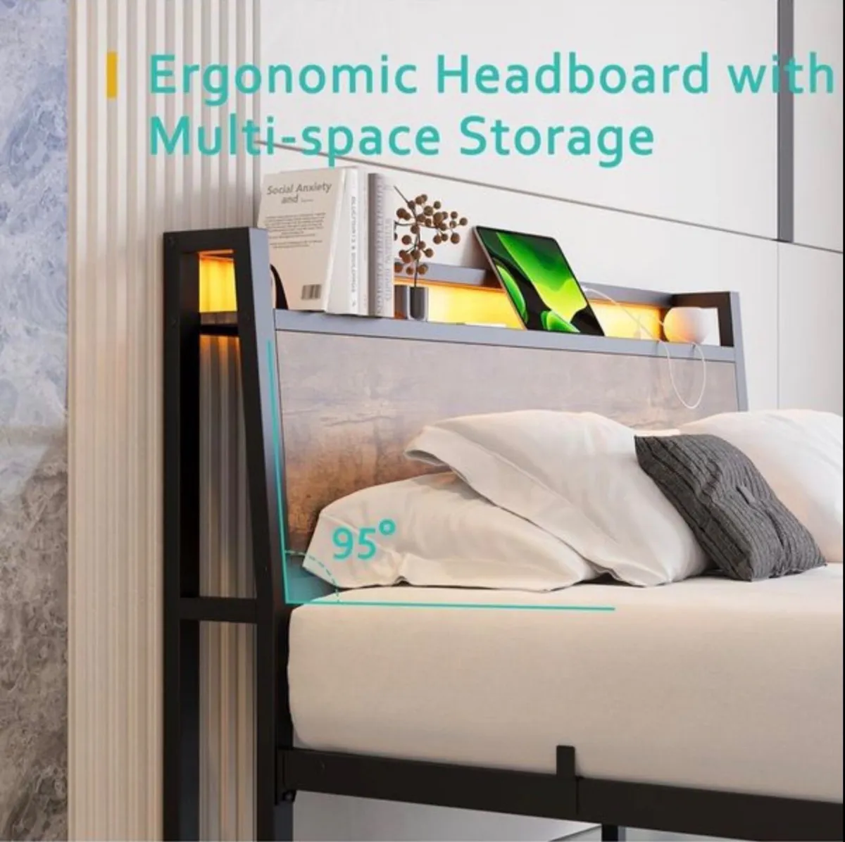 King Size Bed Frame, Black Charging Station, LED L - Image 3